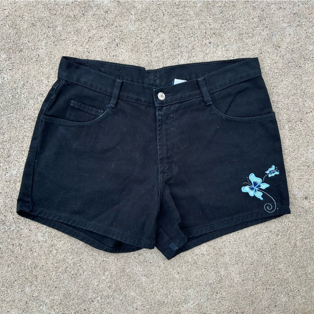 Elegant Black Women's Jean Shorts with Blue Floral Design